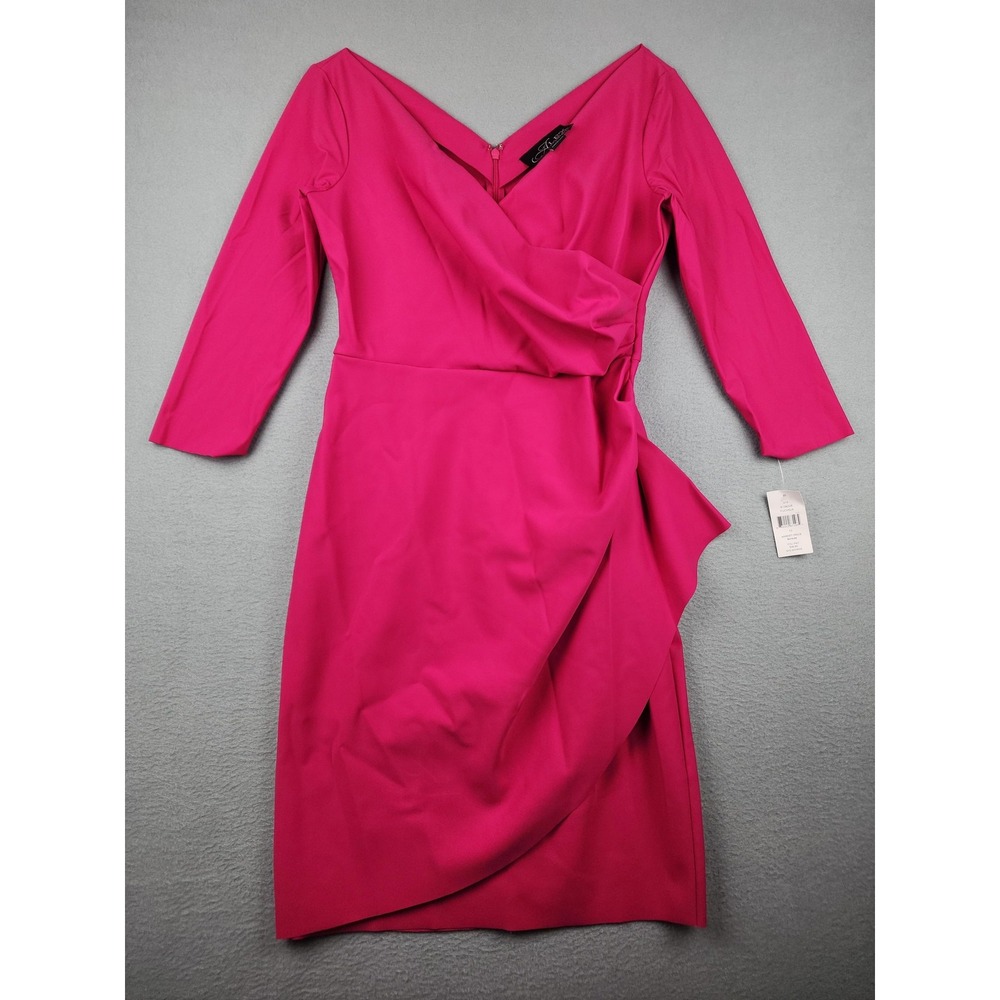 Alex Evenings Dress Womens 10 Pink Ruched Ruffle Sheath V Neck Knee Length NWT